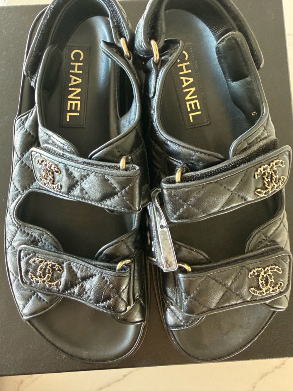 CHANEL Black Quilted Leather CC Logo Dad Sandals with Box - Picture 8 of 9
